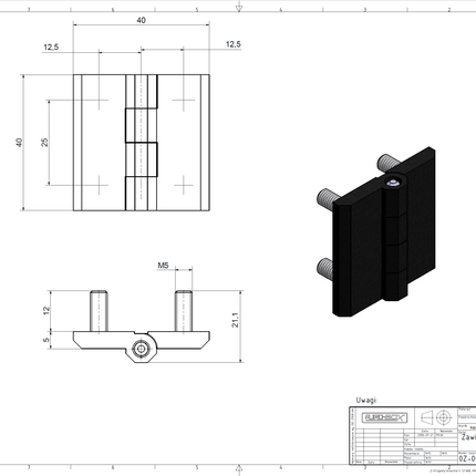 Zawias przykręcany ze szpilkami metalowy płaski 40x40 M5x10 0Z-0015 Euro-Box