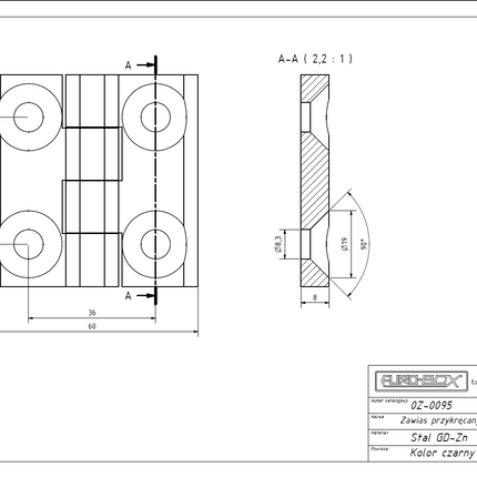 Zawias przykręcany 60x60 M8 Gd-Zn czarny skrzydełkowy splatany