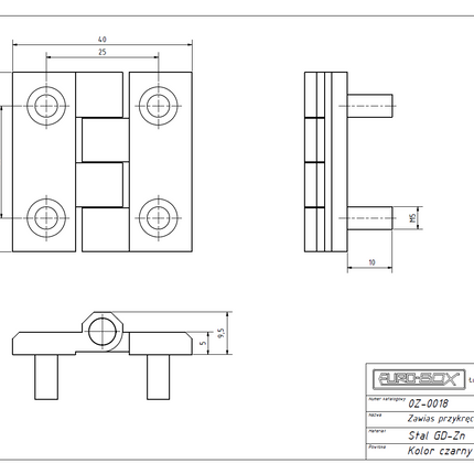 Zawias przykręcany ze szpilkami metalowy czarny płaski 40x40 M5x10 0Z-0018