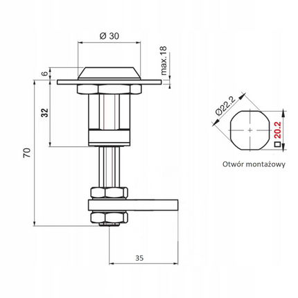 Zamek ćwierćobrotowy dociągowy klucz imbus L=32 mm 1ZP-0116