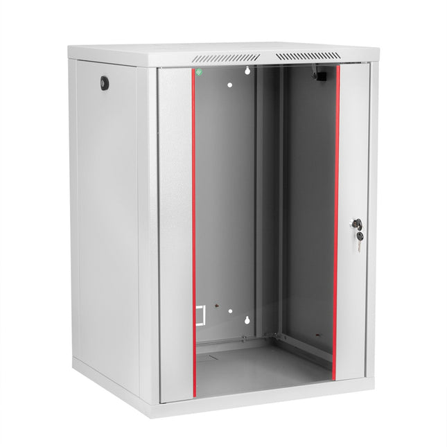 Szafa RACK 19" wisząca 16U 450 mm drzwi z szybą RAL7035 szara Euro-Box